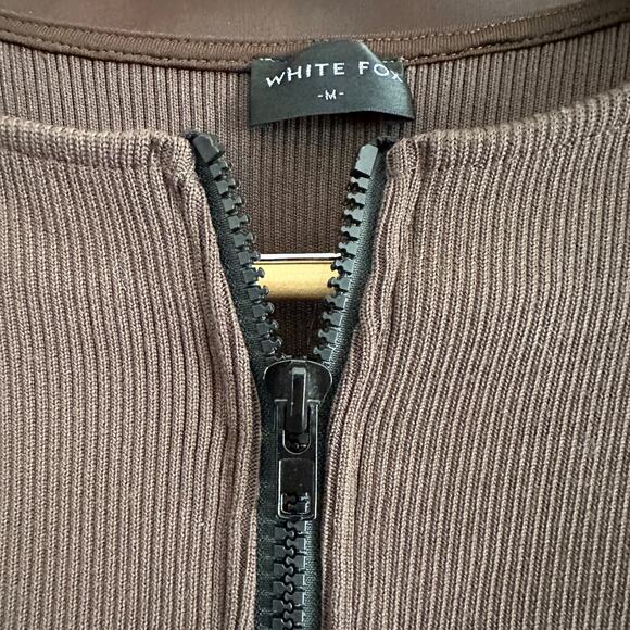 White Fox | The Real Thing Brown Ribbed Double Zipper Cropped Sweater | Medium - Picture 5 of 5